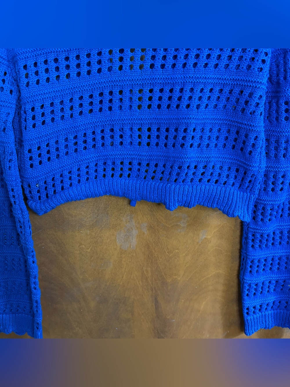 Blue Cropped Open Knit Crochet Tie Front Flyaway Cardigan Sweater Bell Sleeve - Picture 6 of 7